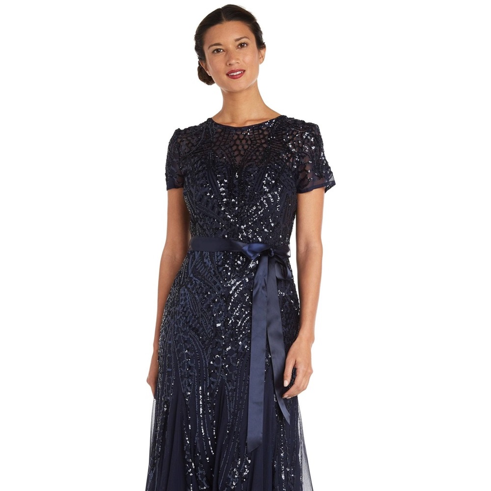 R&M Richards Women's Long Beaded Gown, elegant, navy blue, perfect for weddings